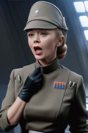 Glynis Johns, touching her throat, placing hand on neck collar, fingers on collar, fingers around neck, mouth open wide o shape, in dark olive gray imperialofficer uniform and hat, pale white skin, wide mouth, blonde hair in tight bun, black gloves and belt, round perky breasts, thin waist, thin fit body, masterpiece, photorealistic, Star destroyer sci-fi barracks background, photo r3al, bokeh,photo r3al