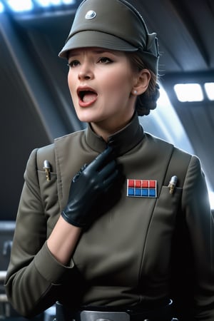 Phillipa Gail, touching her throat, placing hand on sternum, fingers on collar, fingers around neck, screaming, in dark olive gray imperialofficer uniform and hat, pale white skin, wide mouth, brown hair in tight bun, black gloves and belt, round perky breasts, thin waist, thin fit body, masterpiece, photorealistic, Star destroyer sci-fi barracks background, photo r3al, bokeh,photo r3al