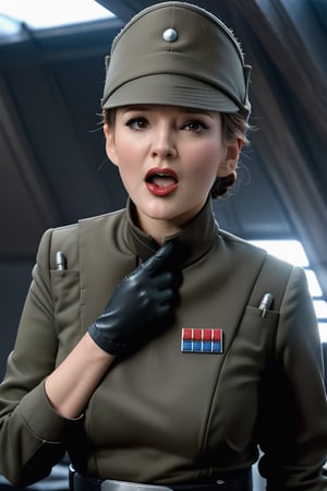 Philippa Gail, touching her throat, placing hand on neck collar, fingers on collar, fingers around neck, mouth open wide o shape, in dark olive gray imperialofficer uniform and hat, pale white skin, wide mouth, brown hair in tight bun, black gloves and belt, round perky breasts, thin waist, thin fit body, masterpiece, photorealistic, Star destroyer sci-fi barracks background, photo r3al, bokeh,photo r3al