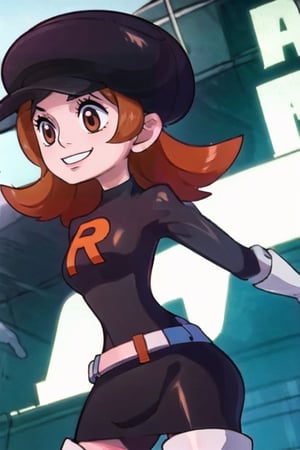 1girl,team rocket, team rocket uniform, black dress, long sleeves, white belt, white gloves, elbow gloves, white thigh boots, black headwear,lyra \(pokemon\) smile ,nami, long hair, brown eyes, orange hair