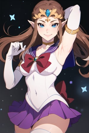 princess zelda, blue_eyes ,sailor moon outfit, brown_hair ,sailor senshi uniform, purple skirt, elbow gloves, tiara, purple sailor collar, red bow, purple choker, white gloves, jewelry, smile,Anime