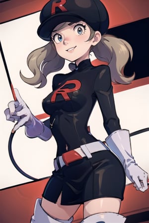 1girl,team rocket, team rocket uniform, black dress, long sleeves, white belt, white gloves, elbow gloves, white thigh boots, black headwear, blond hair, blue eyes,takamaki anne(persona 5),lyra \(pokemon\) smile