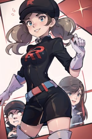 1girl,team rocket, team rocket uniform, black dress, long sleeves, white belt, white gloves, elbow gloves, white thigh boots, black headwear, blond hair, blue eyes,takamaki anne(persona 5),lyra \(pokemon\) smile