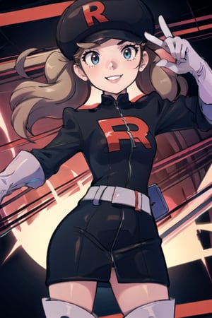 1girl,team rocket, team rocket uniform, black dress, long sleeves, white belt, white gloves, elbow gloves, white thigh boots, black headwear, blond hair, blue eyes,takamaki anne(persona 5),lyra \(pokemon\) smile