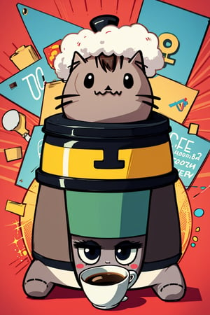 Cubism style, coffee, cartoon role, personify, 90_mtv,Pusheen, brand name BUENOS