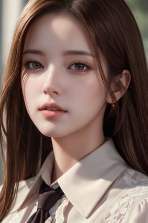 photorealistic, masterpiece, best quality, raw photo, 1girl, solo, long hair, brown hair, detailed face, alluring face, collared shirt, medium breasts, dynamic pose, looking at viewer, from below, detailed background, fine detailed, intricate detail,  ray tracing, depth of field, low key, hdr