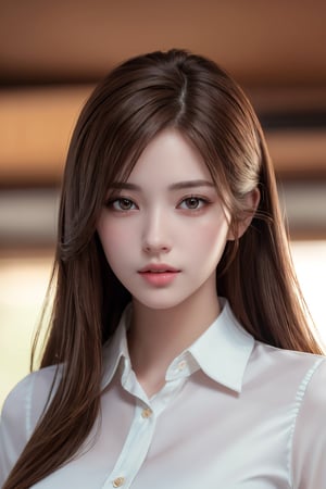 photorealistic, masterpiece, best quality, raw photo, 1girl, solo, long hair, brown hair, detailed face, alluring face, collared shirt, medium breasts, dynamic pose, looking at viewer, from below, detailed background, fine detailed, intricate detail,  ray tracing, depth of field, low key, hdr,colorful_girl_v2