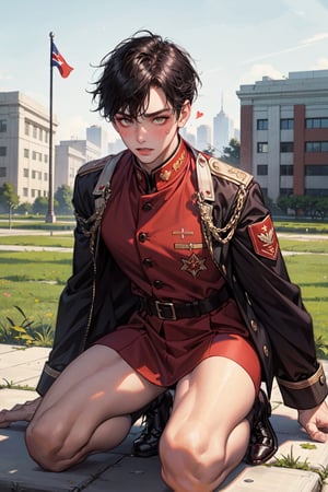 1boy, Femboy, (Outdoor Background), (Masterpiece), Blushing, down on knees, embarrassed, slobbering, horny, heart eyes, cursed, nightmare fuel, north korean uniform