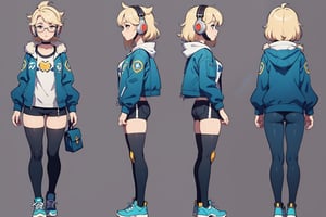 mechanical overwatch 2 character, girl with headphones, cool jacket, cool short shorts, bighair, hairy, long hair, overwatch character design, stylized, cartoon


character design sheet, character design, front view, side view, (same character from different angles), ((solid background, simple background color, flat background)),sadie,monochrome,line anime, fullbody, big face, big head, mature