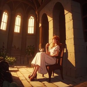 a princess sitting on a chair in the royal garden, drinking tea, dramatic lighting, godray, lightray, warm colors