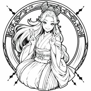 samurai princess, long curly hair, badage dressig, kawaii, character design, double peace, peace sign