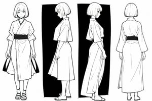 samurai, cute anime girl, short hair, bobcut, dark skin, same character, character design sheet, character design, front view, side view, (same character from different angles), ((solid background, simple background color, flat background)),sadie,monochrome,line anime, fullbody, big face, big head, mature