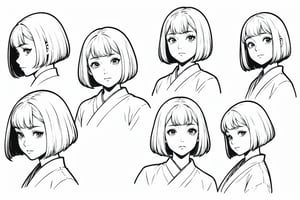 samurai, cute anime girl, short hair, bobcut, dark skin, same character, character design sheet, character design, front view, side view, (same character from different angles), ((solid background, simple background color, flat background)),sadie,monochrome,line anime