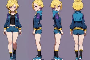 mechanical overwatch 2 character, witch girl, cool cape, cool sexy skirt, cool log hair, hairy, long hair, overwatch character design, stylized, cartoon, ((black shirt:1.5, deep blue shorts1.5, blue jacket, blue shoes, tomboy, short straight hair:1.5, yellow hair, blonde:2, purple eyes:1.5))

character design sheet, character design, front view, side view, (same character from different angles), ((solid background, simple background color, flat background)),sadie,monochrome,line anime, fullbody, big face, big head, mature, 