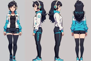 mechanical overwatch 2 character, girl with headphones, cool jacket, cool short shorts, bighair, hairy, long hair, overwatch character design, stylized, cartoon


character design sheet, character design, front view, side view, (same character from different angles), ((solid background, simple background color, flat background)),sadie,monochrome,line anime, fullbody, big face, big head, mature