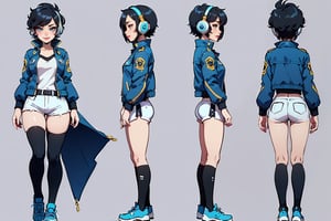 mechanical overwatch 2 character, girl with headphones, cool jacket, cool short shorts, bighair, hairy, long hair, overwatch character design, stylized, cartoon


character design sheet, character design, front view, side view, (same character from different angles), ((solid background, simple background color, flat background)),sadie,monochrome,line anime, fullbody, big face, big head, mature, ((black shirt, black short, blue jacket, blue shoes, tomboy, short straight hair:1.5