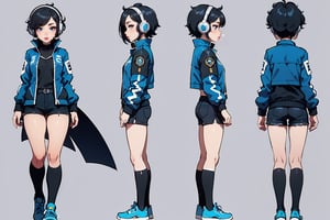 mechanical overwatch 2 character, girl with headphones, cool jacket, cool short shorts, bighair, hairy, long hair, overwatch character design, stylized, cartoon


character design sheet, character design, front view, side view, (same character from different angles), ((solid background, simple background color, flat background)),sadie,monochrome,line anime, fullbody, big face, big head, mature, ((black shirt, black short, blue jacket, blue shoes, tomboy, short straight hair:1.5