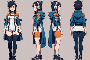 mechanical overwatch 2 character, girl with headphones, cool jacket, cool short shorts, bighair, hairy, long hair, overwatch character design, stylized, cartoon


character design sheet, character design, front view, side view, (same character from different angles), ((solid background, simple background color, flat background)),sadie,monochrome,line anime, fullbody, big face, big head, mature