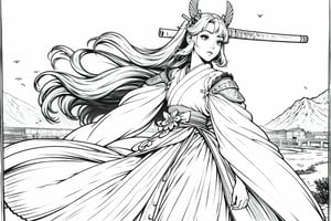 samurai princess, long curly hair, badage dressig, kawaii