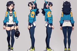 mechanical overwatch 2 character, girl with headphones, cool jacket, cool short shorts, bighair, hairy, long hair, overwatch character design, stylized, cartoon


character design sheet, character design, front view, side view, (same character from different angles), ((solid background, simple background color, flat background)),sadie,monochrome,line anime, fullbody, big face, big head, mature