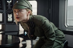 Elle Fanning on her knees holding her throat, gasping, in olive green imperialofficer uniform and brimmed hat, rank bar, black gloves, blonde hair tied fancy elegant bun, pale smooth skin, round breasts, slim feminine body, sci-fi control room

Photorealistic, 4K, filmgrain, more saturation, disney, black gloves 