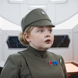 Fat chubby obese Nicola Coughlan, in dark olive green imperialofficer uniform and brimmed hat, hair in bun, sci-fi space station

8k, hyper realistic, fashion photography,