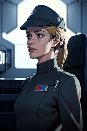 Photorealistic, high contrast, (vibrant color:1.4), (muted colors, dim colors, soothing tones:0), cinematic lighting, ambient lighting, sidelighting, Exquisite details and textures, cinematic shot, bright studio lighting, bokeh

Rose Leslie, big long chin, snooty snobbish haughty, freckles, in dark olive gray imperialofficer uniform and cap with small disc, hat, cap on head, small black gloves, blonde hair in ponytail, perky breasts, sci-fi Star destroyer control room background,photorealistic,perfect split lighting,imperialofficer uniform,white imperialofficer uniform,Imperial officer wearing a (color) unifo,veronica