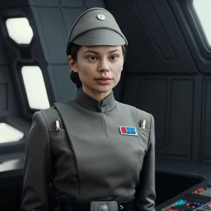 (vibrant color:1.4), (soothing tones:0), bright studio lighting, Exquisite details and textures, filmgrain, more saturation 

Miranda Cosgrove, in olive gray imperialofficer uniform and hat, black gloves, brown hair tied back in small bun, slim feminine body, small perky breasts, bright blue eyes, sci-fi Star destroyer control room background,Extremely Realistic, 
underboob:1.1), subsurface scattering, sharp focus (Flickering light:1.1), dlsr, ultra sharp, professional Photographer, subsurface scattering, film grain, very detailed skin texture, nsfw ,1 girl