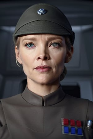 Megyn Kelly, in dark olive green imperialofficer uniform and brimmed hat, blonde hair pulled back, sci-fi space station

8k, hyper realistic, fashion photography