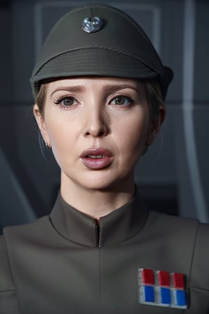 Ivanka Trump, in dark olive green imperialofficer uniform and brimmed hat, blonde hair in bun, sci-fi space station

8k, hyper realistic, fashion photography