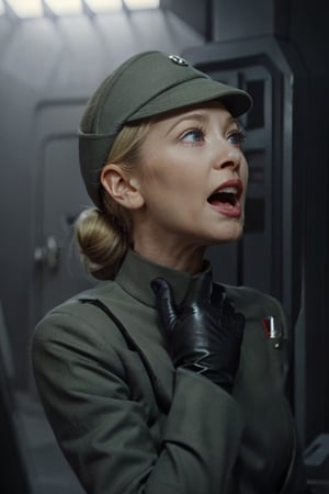 Glynis Johns screaming, holding her neck with black glove, in olive green imperialofficer uniform and hat with brim, black gloves, blonde hair tied in little bun, pale smooth skin, slim feminine body, big round perky breasts, veins in neck, sci-fi barracks 

Photorealistic, 4K, filmgrain, more saturation, disney, black gloves!