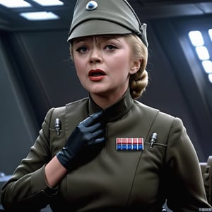 1girl, Glynis Johns, choking gagging gasping, touching her throat with one hand, round chubby face double chin, evil nasty wicked glare frown grimace, in dark olive gray imperialofficer uniform and small hat, pale white skin, blonde hair in tight bun, black gloves, round perky breasts, close up portrait, masterpiece, photorealistic, Star destroyer sci-fi barracks background, photo r3al, bokeh,photo r3al,more saturation 