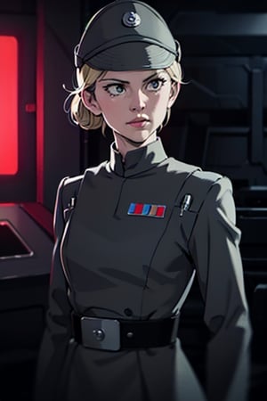 Photorealistic, high contrast, (vibrant color:1.4), (muted colors, dim colors, soothing tones:0), cinematic lighting, ambient lighting, sidelighting, Exquisite details and textures, cinematic shot, bright studio lighting, bokeh

Elisha Cuthbert, snooty snobbish haughty, in dark olive gray imperialofficer uniform and cap with small disc, hat, cap on head, small black gloves, dark blonde hair in bun, perky breasts, sci-fi Star destroyer control room background