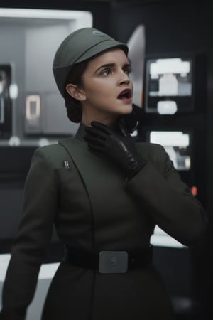 Emma Watson  screaming and holding her neck with one black glove, in olive green imperialofficer uniform and brimmed hat, black gloves, boots and belt, hair in bun, sci-fi control room 

8k, hyper realistic, fashion photography, black gloves!