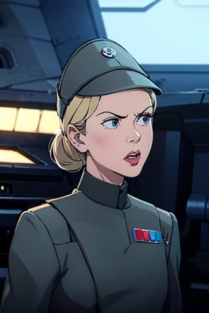 Classic Disney animation style, (vibrant color:1.4), (muted colors, dim colors, soothing tones:0), cinematic lighting, ambient lighting, sidelighting, Exquisite details and textures, cinematic shot, Warm tone, (Bright and intense:1.2)

Elisha Cuthbert, in dark olive gray imperialofficer uniform and officer's cap, hat, black gloves, blonde hair tied back in small bun, frowning, pouty mouth, big prominent teeth, open mouth O face, slim feminine body, small perky breasts, bright blue eyes, sci-fi Star destroyer control room background,mature female