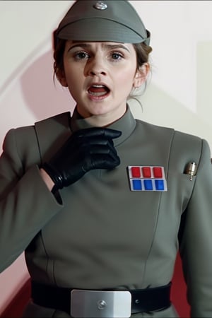  vibrant, highly detailed, 4K

Emma Watson, nervous frightened, hair in bun, in olive imperial officer uniform and hat, screaming and holding her neck with black glove 