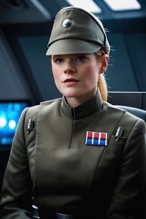Photorealistic, high contrast, (vibrant color:1.4), (muted colors, dim colors, soothing tones:0), cinematic lighting, ambient lighting, sidelighting, Exquisite details and textures, cinematic shot, bright studio lighting, bokeh

Rose Leslie, big long chin, snooty snobbish haughty, freckles, in dark olive gray imperialofficer uniform and cap with small disc, hat, cap on head, small black gloves, blonde hair in ponytail, perky breasts, sci-fi Star destroyer control room background,photorealistic,perfect split lighting,imperialofficer uniform,white imperialofficer uniform,Imperial officer wearing a (color) unifo
