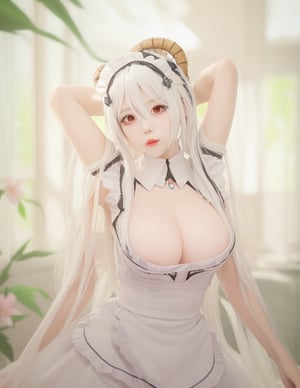 sexy girl,iu,wearing demon_cosplay_outfit, white hair,Demons Cosplay Outfit,maid cosplay