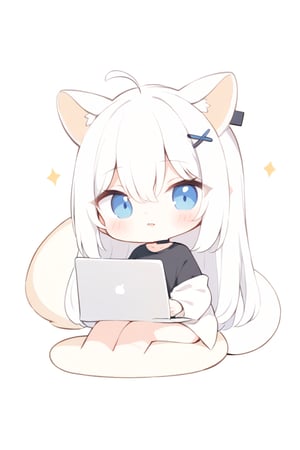 masterpiece, 1girl, stoat girl, solo,  ((white hair)), very long hair, blue eyes, (straight hair), (bangs), animal ears, (stoat ears:1.2),
 Choker, ahoge, fangs, (big stoat Tail:1.2), (blue X hairpin), solo, long hair, blush, bangs, simple background, shirt, white background, hair between eyes, sitting, collarbone, holding a big cup, ahoge, lips parted, off shoulder, chibi, black shirt, up body, laptop,flat style