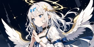 1girl, angel, white hair, long curly hair, two side up,blue eyes, two blue ribbons on her hair, (Double golden halo on her head), choker, angel wings, cyber suit, own hands together, night, upper body, looking away, masterpiece,  best quality,  aesthetic,lineart, LineAniAF,Antilene_Heran_Fouche \(overlord\)