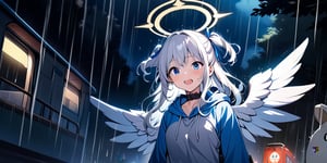 shiny, vibrant colors, female, masterpiece, sharp focus, best quality, depth of field, cinematic lighting, ((solo, one girl)), (illustration, 8k CG, extremely detailed), masterpiece, ultra-detailed, Anime-style illustration Bus stop sign when it rains at night. 1girl, angel, white hair, long curly hair, two side up, blue eyes, two blue ribbons on her hair, (Double golden halo on her head), lace choker, ((angel wings)), (full body), umbrella, Wearing grey Hooded T-shirt, long sleeves, is looking up at the kamera with a surprised expression, cute smile. best smile, open mouth, outdoor, night, countryside,
rain, forest, Under the big tree, bus station, standing with (totoro), (big totoro),Blustery, dark background,Flat vector art,Anime