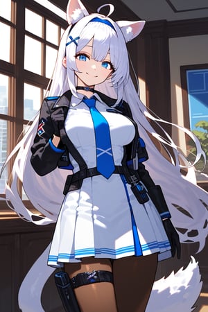 1girl, stoat girl, solo,  ((white hair)), very long hair, blue eyes, (straight hair), (bangs), animal ears, (stoat ears:1.2),
 Choker, ahoge, yaeba, (big white stoat Tail:1.2), (blue X hairpin), solo, long hair, breasts, looking at viewer, smile, bangs, blue eyes, skirt, gloves, long sleeves, dress, medium breasts, very long hair, closed mouth, standing, jacket, white hair, pantyhose, cowboy shot, hairband, necktie, black gloves, indoors, white dress, window, thigh strap, brown pantyhose, blue necktie, holster, thigh holster