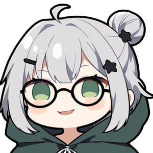 1girl, (gray hair), green eyes, short hair, ahoge, (black round frame glasses:1.2), (black star hairpin), dark green hooded cloak, Hood Down, dress, Short skirt, boots, ((Half Bun:1.2)), solo, (chibi, head only), blush,mouth open, (close-up portrait), (smug face), Upper Body, simple white background,