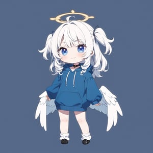 (chibi:1.3), masterpiece, made by a master, 4k, perfect anatomy, perfect details, best quality, high quality, lots of detail.
(solo),1girl, ((angel)), ((white hair)), (long hair:1.3), (two side up), blue eyes,  (curly hair:1.2), (wavy hair), (hair curls), (bangs), (two side up), two ((blue)) hair ties on head, (Double golden halo on her head), choker, ((angel wings)), ahoge, fang, (Blue long sleeve hooded top), ((hood up)), ((put on hood)), Blue pants, white socks, single, slightly angry, (evil smile), (one hand raised), (full body) ,Emote Chibi. cute comic,simple background, flat color, Cute girl,dal,Chibi Style,lineart ,fine anime screencap_xl