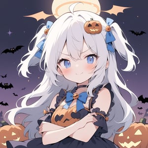 1girl, angel, white hair, long curly hair, (two side up), blue eyes, two blue bows on head, (Double golden halo on her head), choker, angel wings on back, ahoge, , (vampire style dress), (Arms Crossed), bats, cobweb, pumpkin lantern, moon, blush, (simple halloween background), (eyes highlight), standing, ((upper body)), very beautiful girl, smiling, slightly angry, himecut hairstyle, solo, (chibi), (Focus on face),((Chibi character))