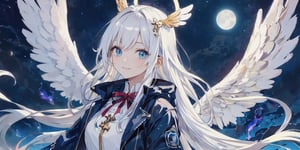  (Best Picture Quality, High Quality, Best Picture Score: 1.3), , Perfect Beauty Score: 1.5, long hair, 1 angel girl, (solo), ((white hair)), (long curly hair), blue eyes, ((two blue ribbons on her hair)), (Double golden halo on her head), (angel wings), (cute outfit), ((wearing aBlack Flames Jacket)), cute smile, background is the night sky with the bright moon hanging high, beautiful, cute, masterpiece, best quality,masterpiece,best quality