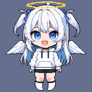 (chibi:1.3), masterpiece, made by a master, 4k, perfect anatomy, perfect details, best quality, high quality, lots of detail.
(solo),1girl, ((angel)), ((white hair)), (long hair:1.1), (two side up:1.2), blue eyes, (wavy hair), (hair curls), (bangs), two ((blue)) hair ties on head, (Double golden halo on her head), choker, ((angel wings)), ahoge, laughing, (white long sleeve hooded top), black pants, white socks, single, open mouth, (full body) ,Emote Chibi. cute comic, flat color, Cute girl,Chibi Style,lineart,pixel art,16 bit,Cutetoo,Pixel art,PixelartFSS,Pixel world,light,32 bit