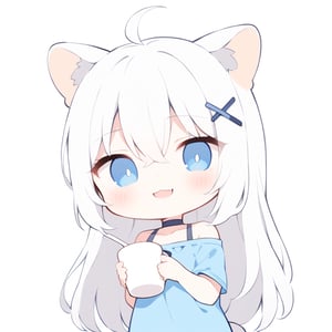 masterpiece, 1girl, stoat girl, solo,  ((white hair)), very long hair, blue eyes, (straight hair), (bangs), animal ears, (stoat ears:1.2),
 Choker, ahoge, fangs, (big stoat Tail:1.2), (blue X hairpin), solo, long hair, blush, bangs, simple background, cute dress, white background, hair between eyes, smiling, collarbone, (((holding a big cup))), drinking, ahoge, lips parted, off shoulder, chibi, (((up body))),flat style