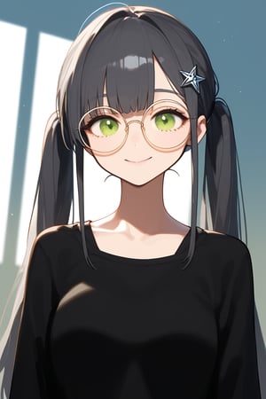 1girl, (gray hair), green eyes, long hair, ( pigtails:1.2), (black round frame glasses:1.2), (black star hairpin), (casual wear), collarbone, (Knight Coat), cotton pants, (happy), (in room), indoor, (eyes highlight), standing, ((upper body)), very beautiful girl, Sleepy eyes, closed mouth, :), himecut hairstyle,, masterpiece quality, stunning image, masterpiece, 8K, stunning image, light particles, attractive image, reflections, Dutch Angle Shot,Beautiful eyes,