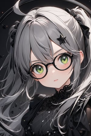  1girl, solo, (gray hair), green eyes, (short Twin ponytails:1.2), ahoge, (black round frame glasses:1.2), (black star hairpin), Beautiful girl. She is very badass, she wears a very fancy evening dress. detailed image, detailed skin, very close-up. Himecut hairstyle, silver brushtrokes in background.,Eyes,Beautiful eyes,INK,Detail